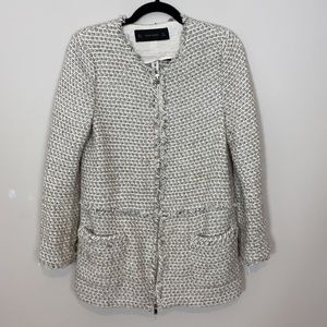 Zara White Gray Tweed Wool Long Zipper Jacket